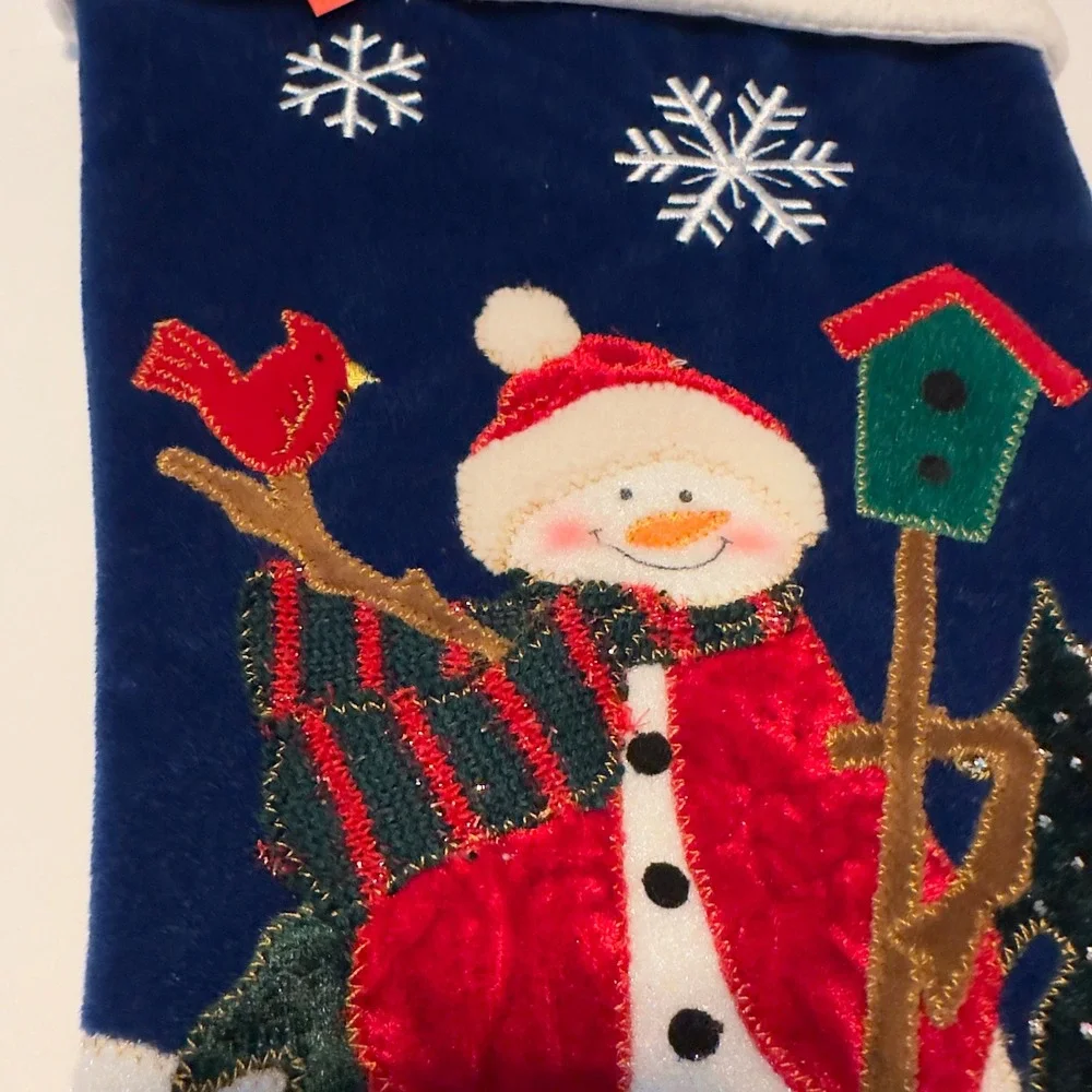 MerryBrite Velvet Christmas Stocking Snowman Let It Snow Navy Blue Red White NWT